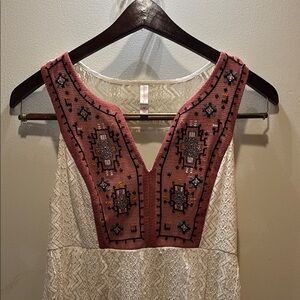 Boho Ivory Lace Dress with Embroidered Rose Yoke